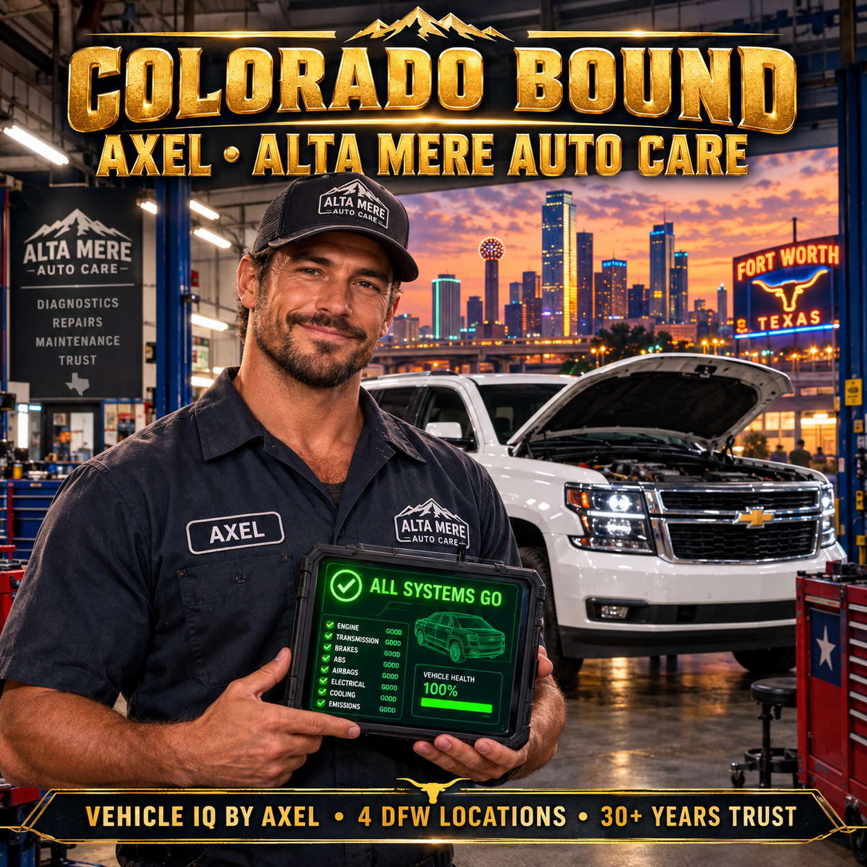 Colorado Bound. Axel at Alta Mere Auto Care holds a diagnostic tablet beside a white Suburban in the shop.